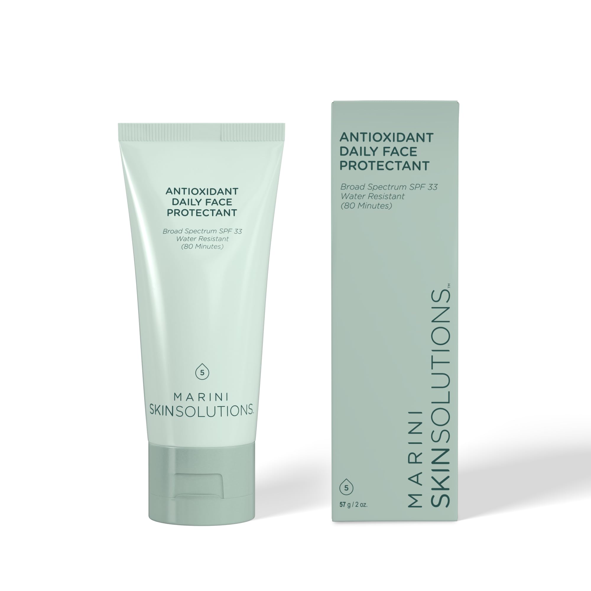 Marini SkinSolutions antioxidant daily face protectant bottle closeup showing lightweight invisible sunscreen finish.