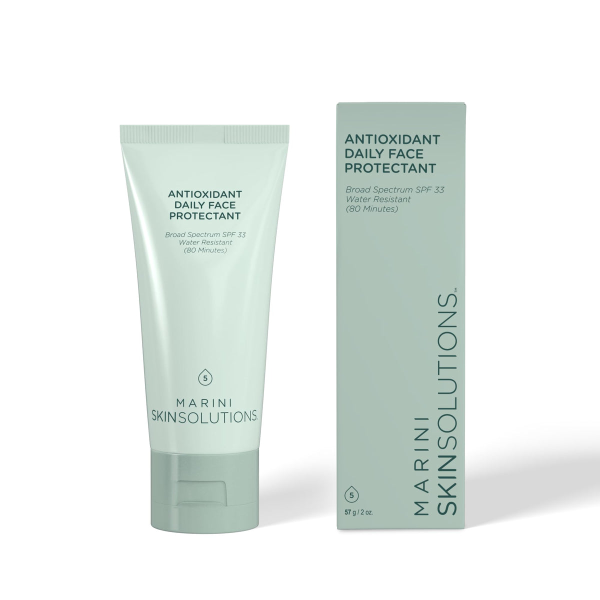 Marini SkinSolutions antioxidant daily face protectant bottle closeup showing lightweight invisible sunscreen finish.