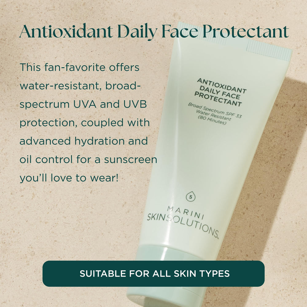 Marini SkinSolutions antioxidant daily face protectant SPF 33 application demonstrating broad-spectrum protection.