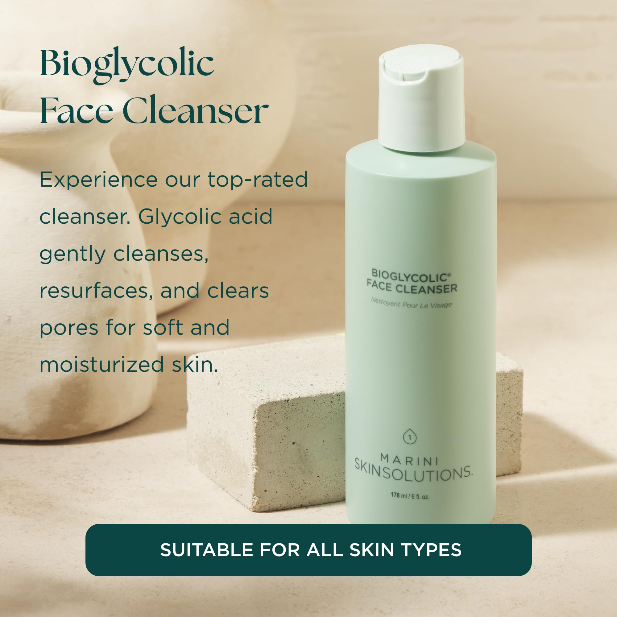 Marini SkinSolutions Bioglycolic Face Cleanser label close-up shows ingredient transparency.