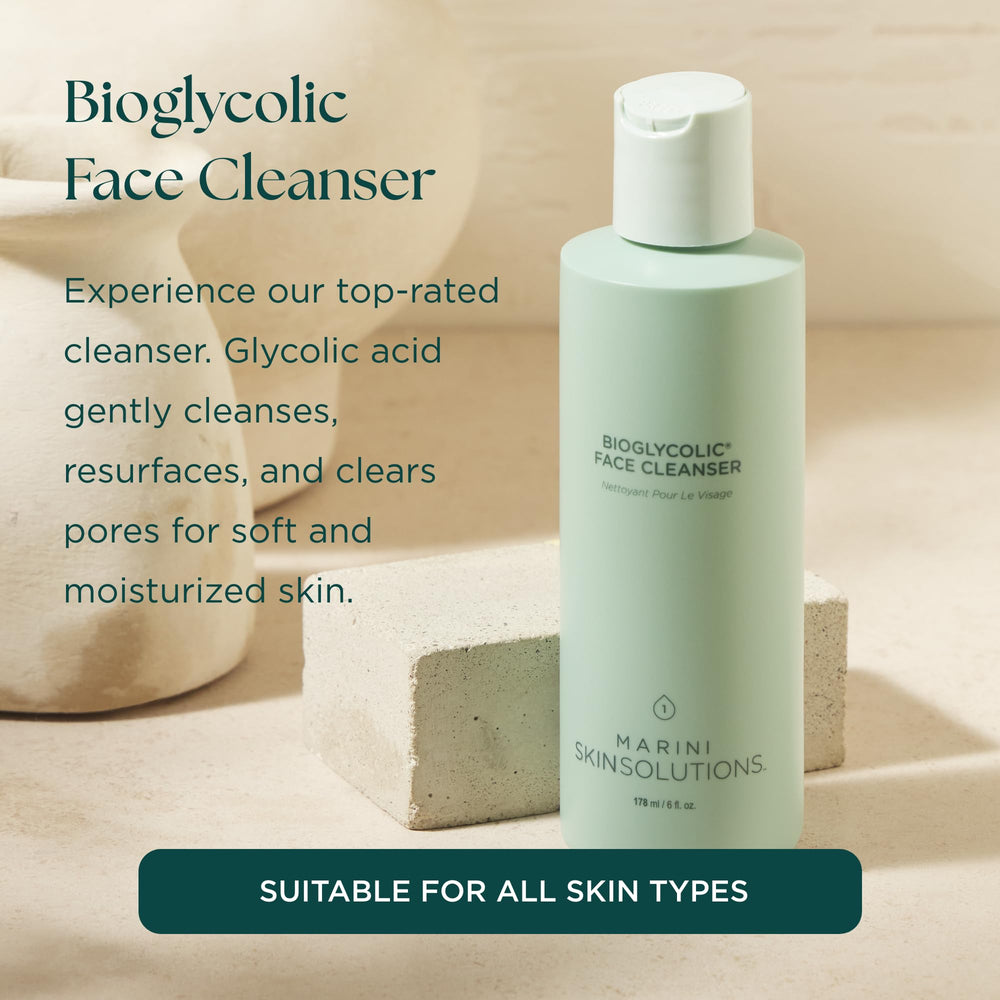Marini SkinSolutions Bioglycolic Face Cleanser label close-up shows ingredient transparency.