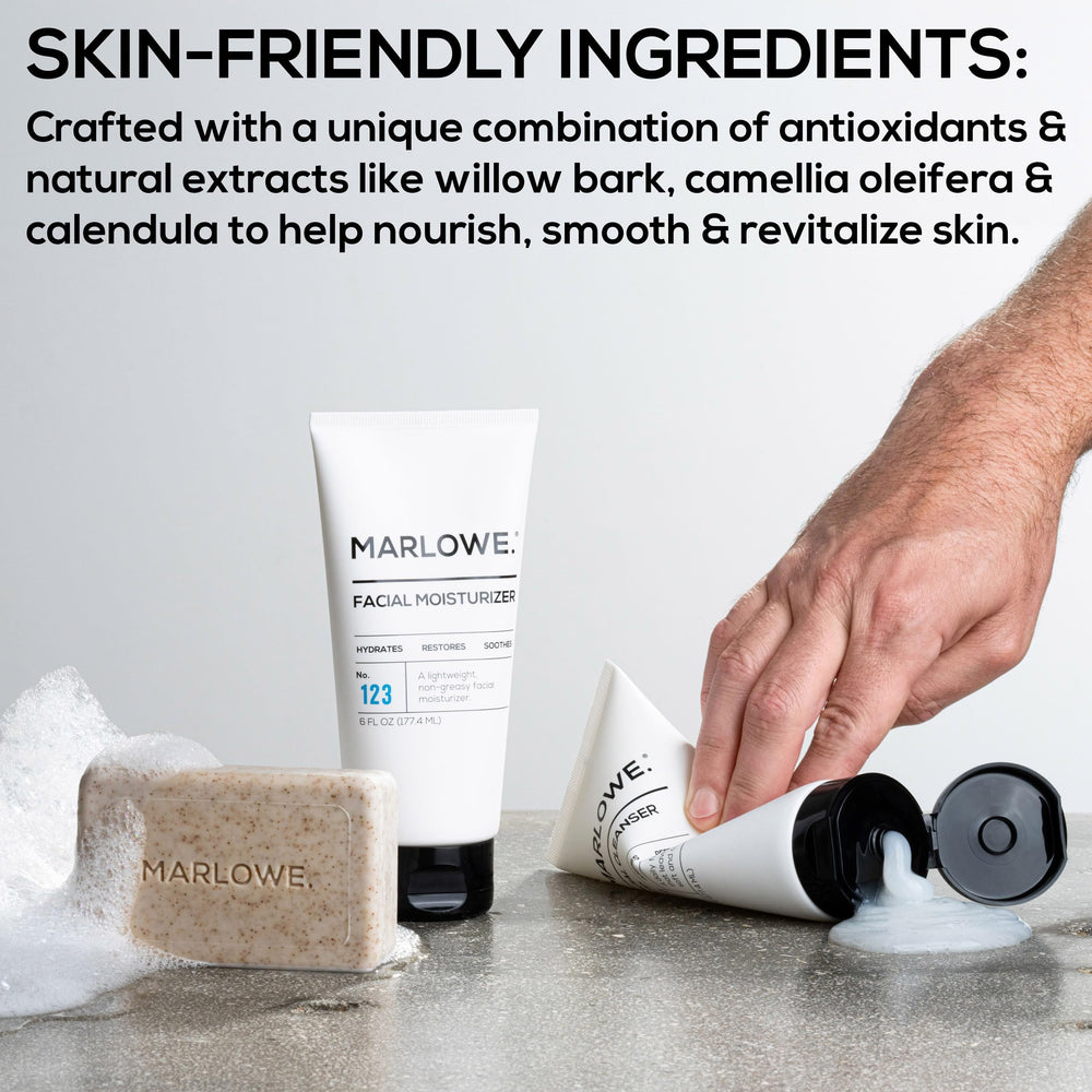 MARLOWE facial-cleanser-bottle demonstrates daily cleanse for refreshed skin