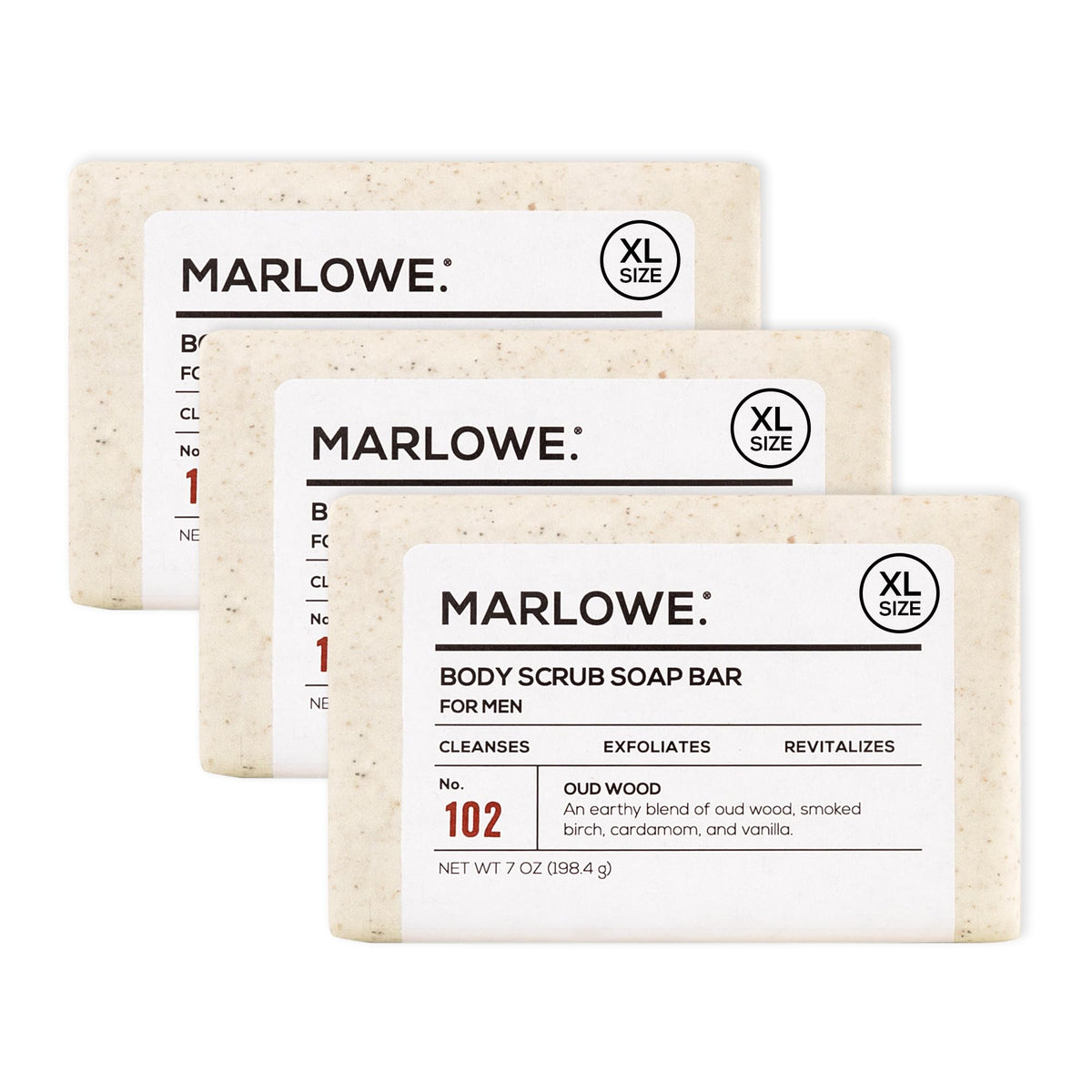 Marlowe No.102 oud wood scrub bar closeup for smoother skin.