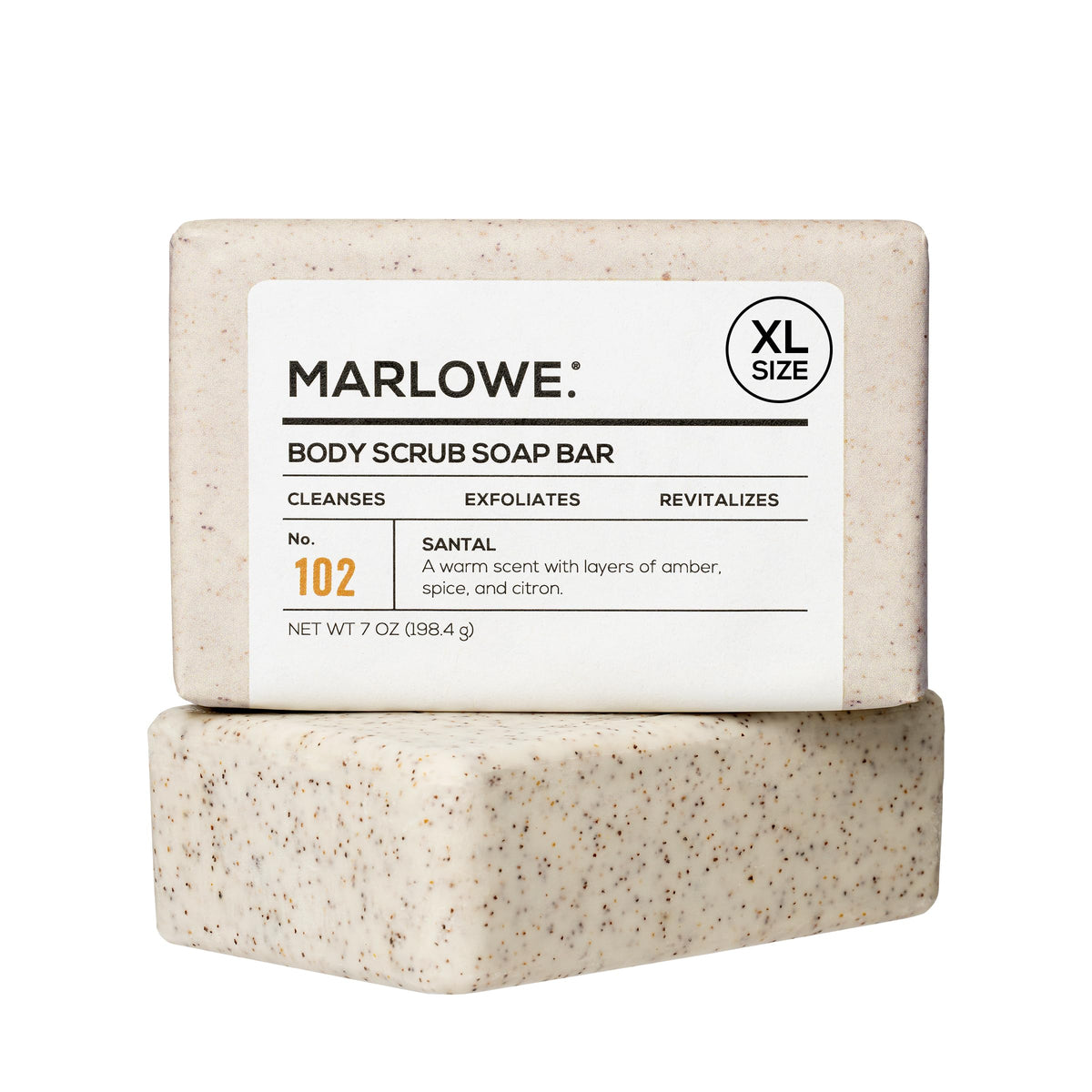 MARLOWE No 102 Santal body scrub bar with exfoliating grit for smooth skin