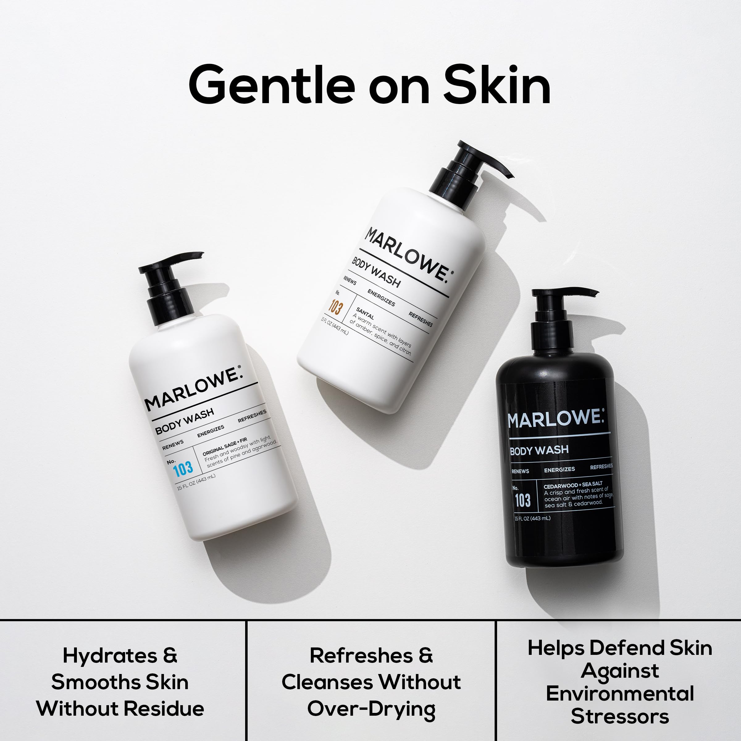 Marlowe No. 103 moisturizing wash leaves skin soft after shower.