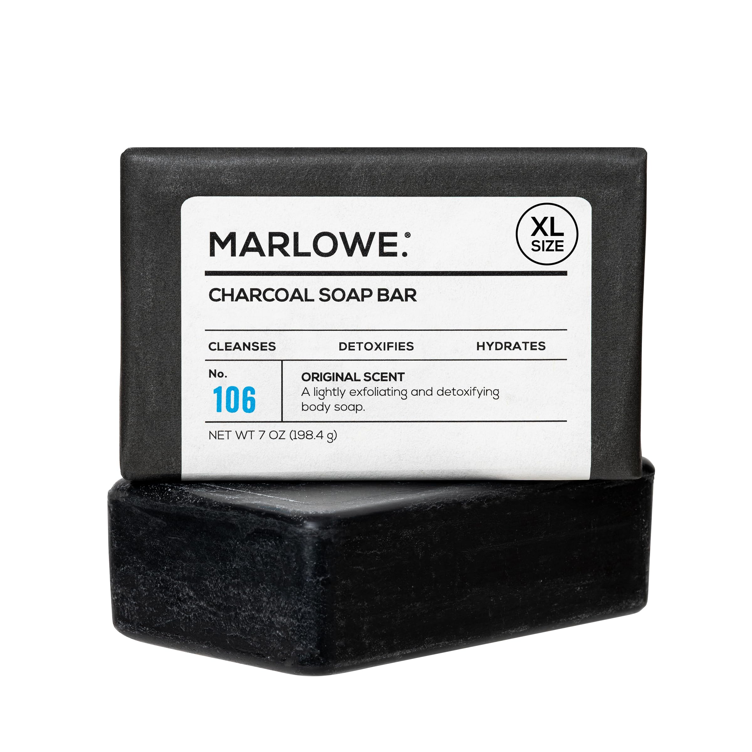 MARLOWE No. 106 charcoal soap bar for dense, long-lasting cleansing.