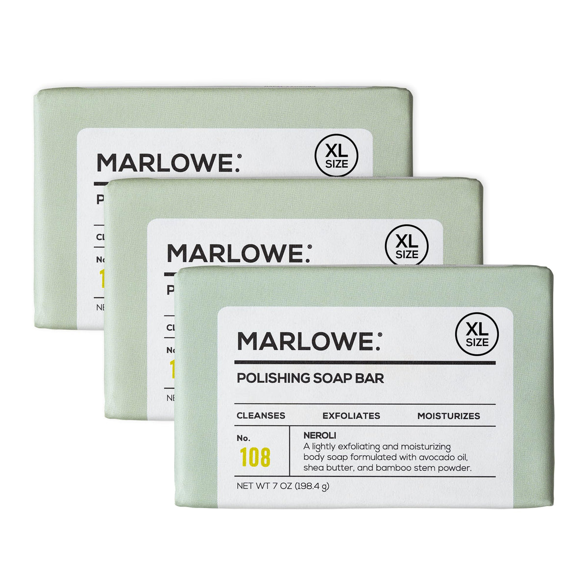 MARLOWE No. 108 bar closeup highlighting exfoliation for smoother skin.