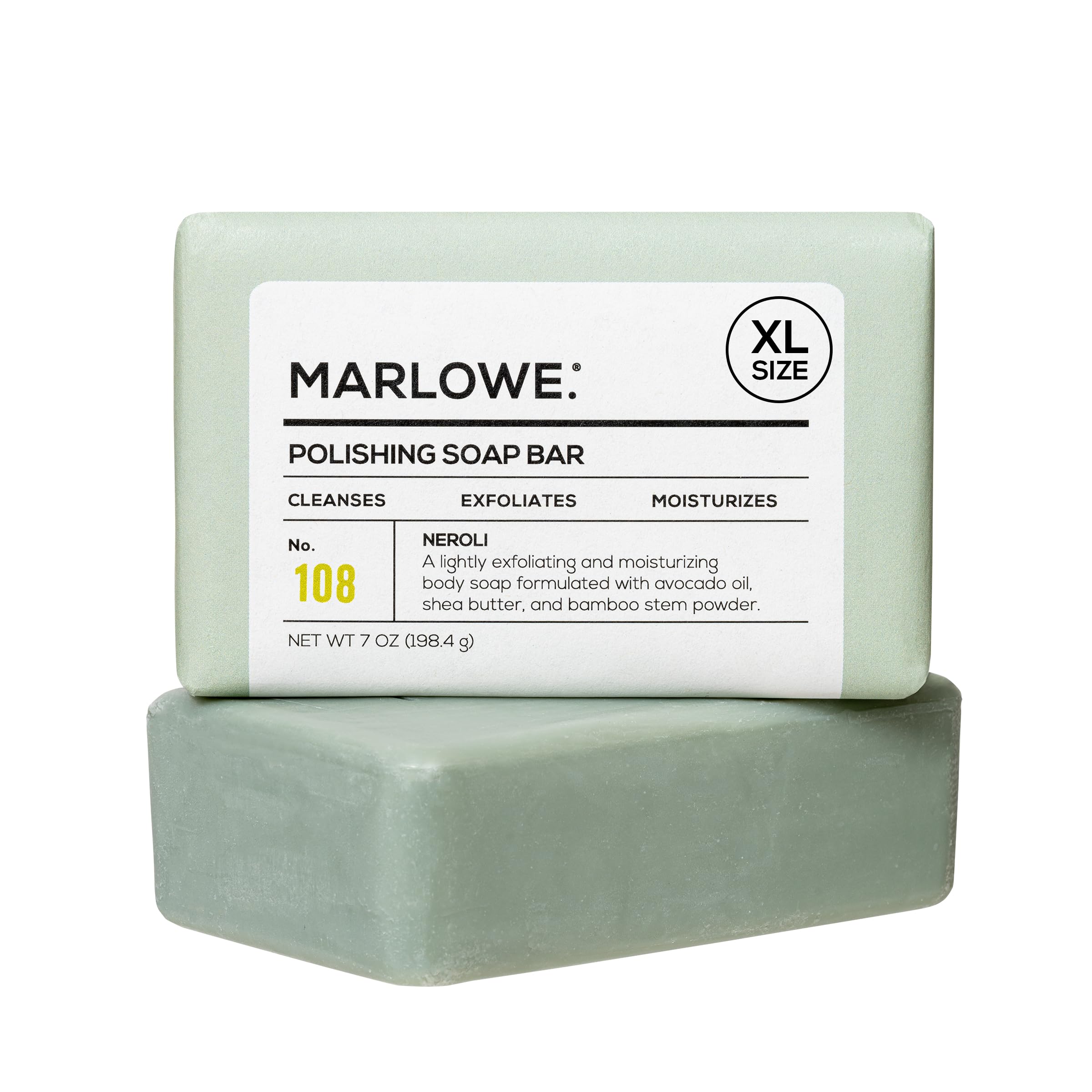 Packaging of MARLOWE No. 108 soap bar emphasizes sustainability for eco-conscious buyers.