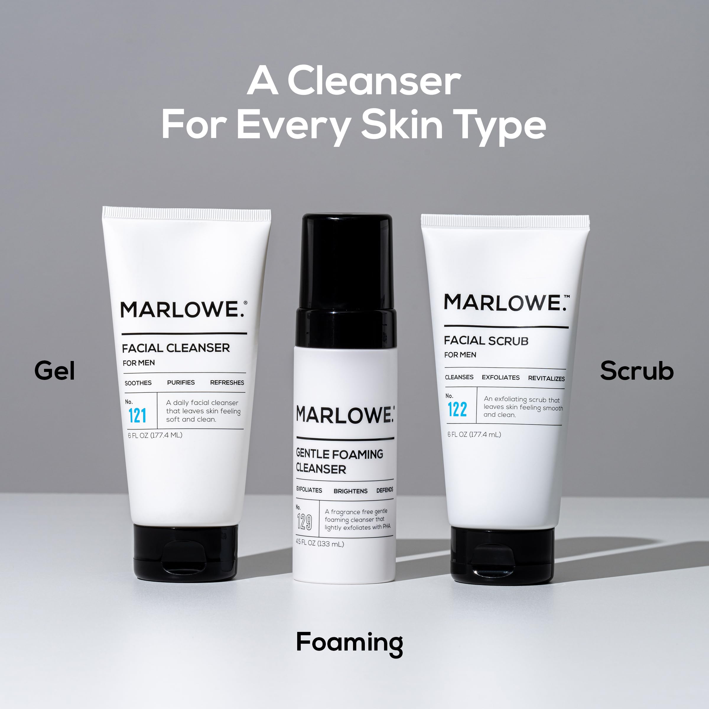 MARLOWE No.122 Facial Scrub bottle on a bathroom shelf emphasizing USA-made production