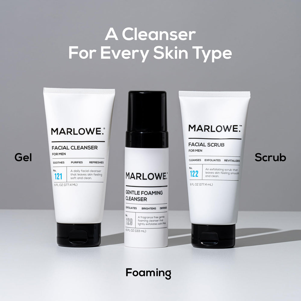 MARLOWE No.122 Facial Scrub bottle on a bathroom shelf emphasizing USA-made production