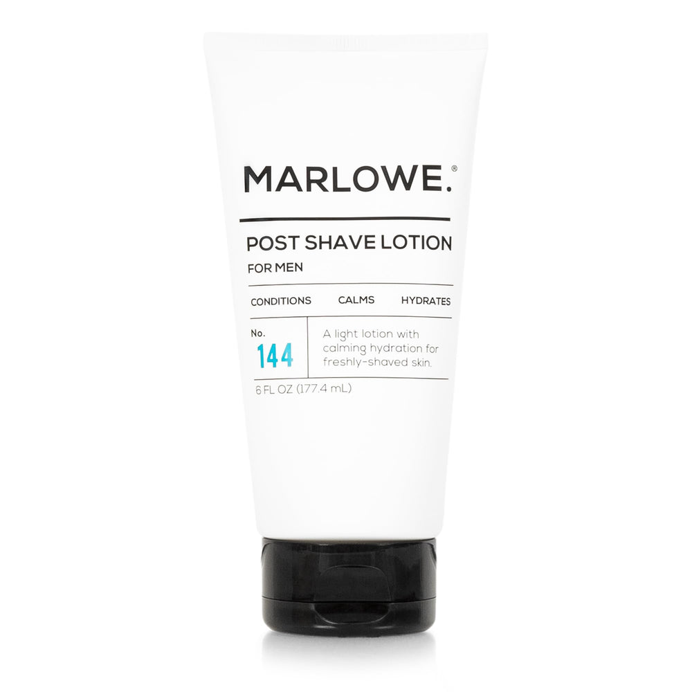 MARLOWE No.144 post shave lotion bottle highlights hydrating aftercare for freshly shaved skin
