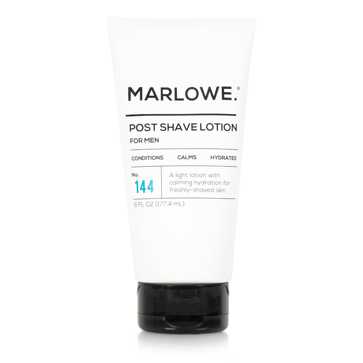 MARLOWE No.144 post shave lotion bottle highlights hydrating aftercare for freshly shaved skin