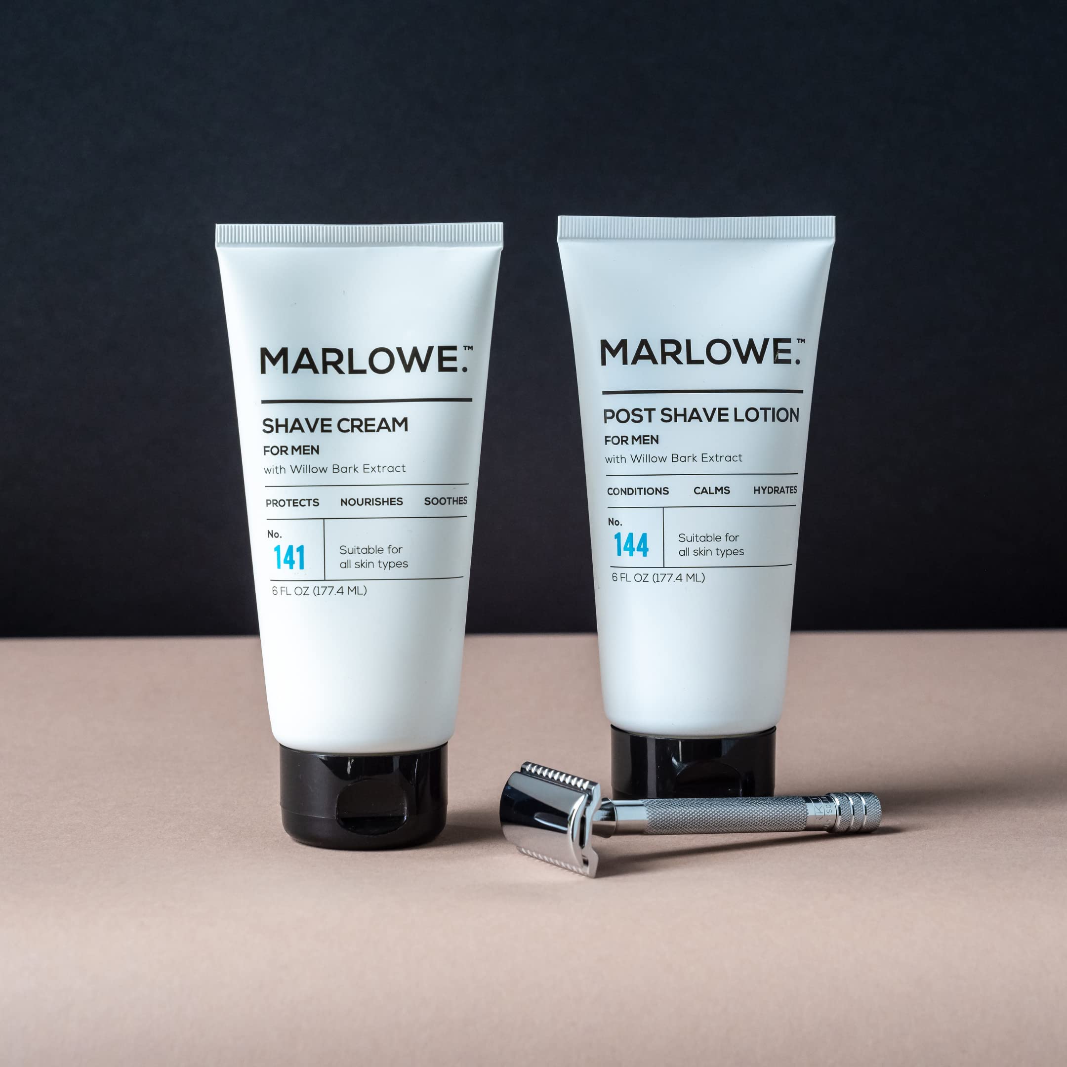 MARLOWE No.144 lotion texture swirl suggests lightweight, fast-absorbing aftershave