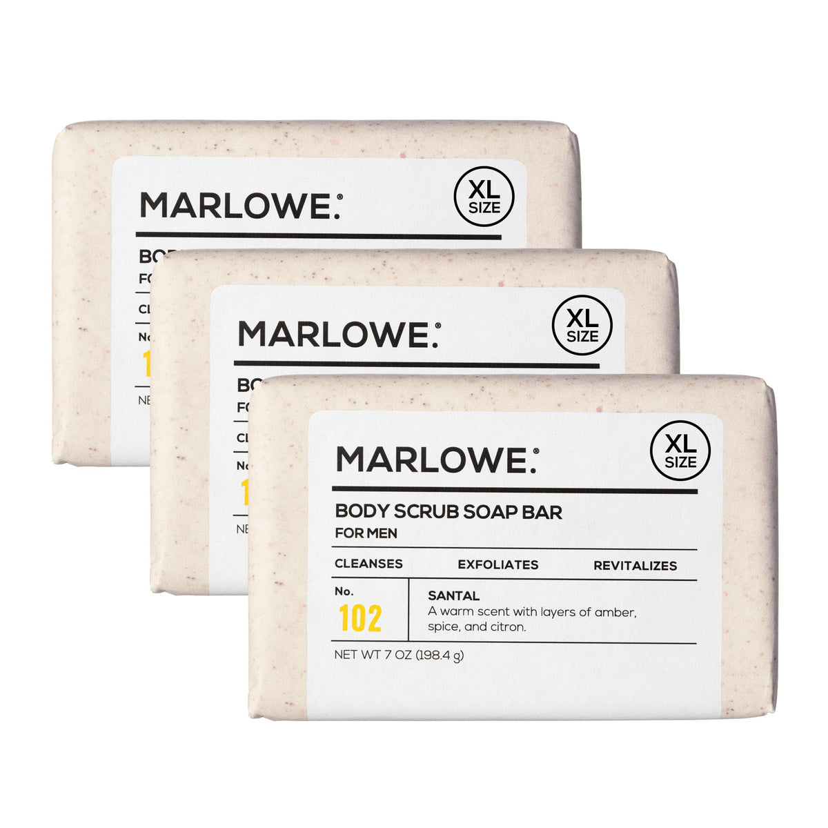 MARLOWE. No. 102 Santal scrub bar closeup showing gritty exfoliation for smoother skin