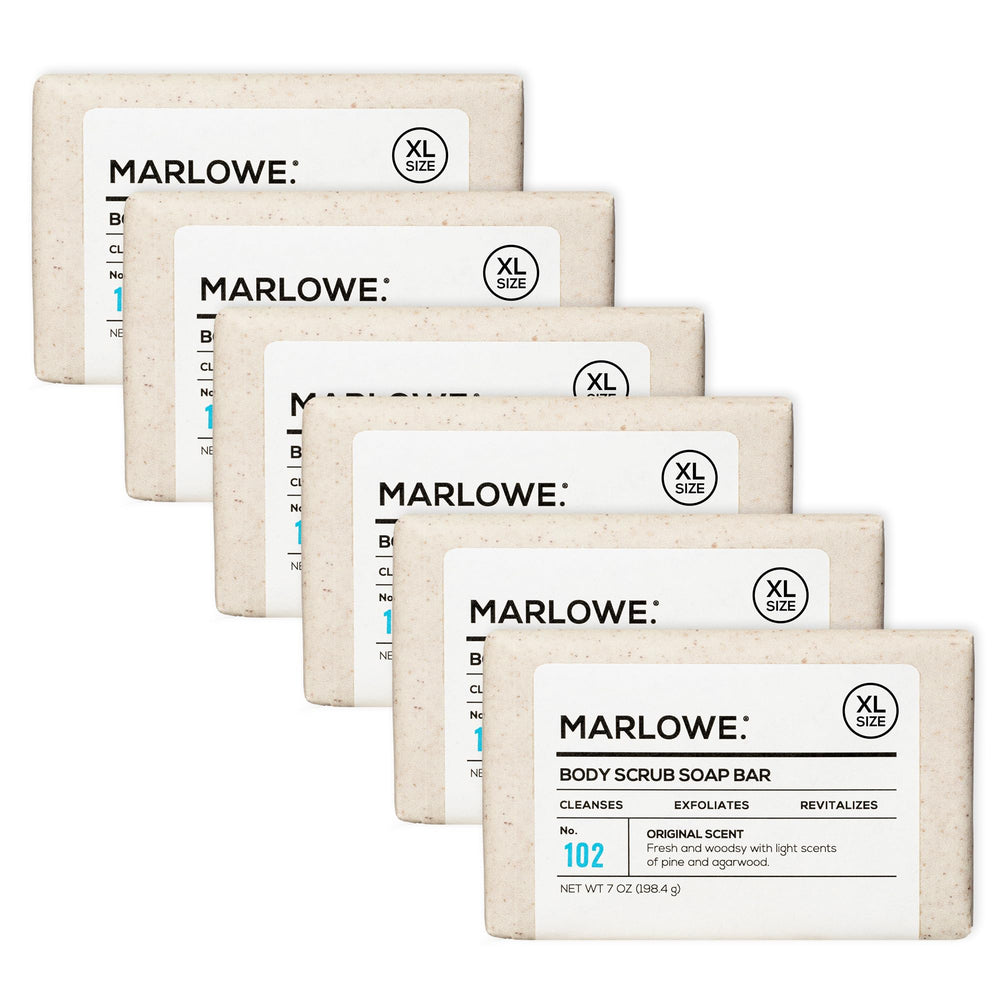 MARLOWE No. 102 scrub bar closeup highlighting gritty exfoliation for smoother skin.