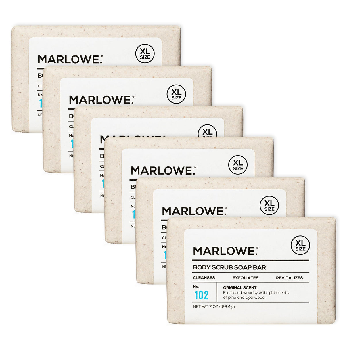 MARLOWE No. 102 scrub bar closeup highlighting gritty exfoliation for smoother skin.
