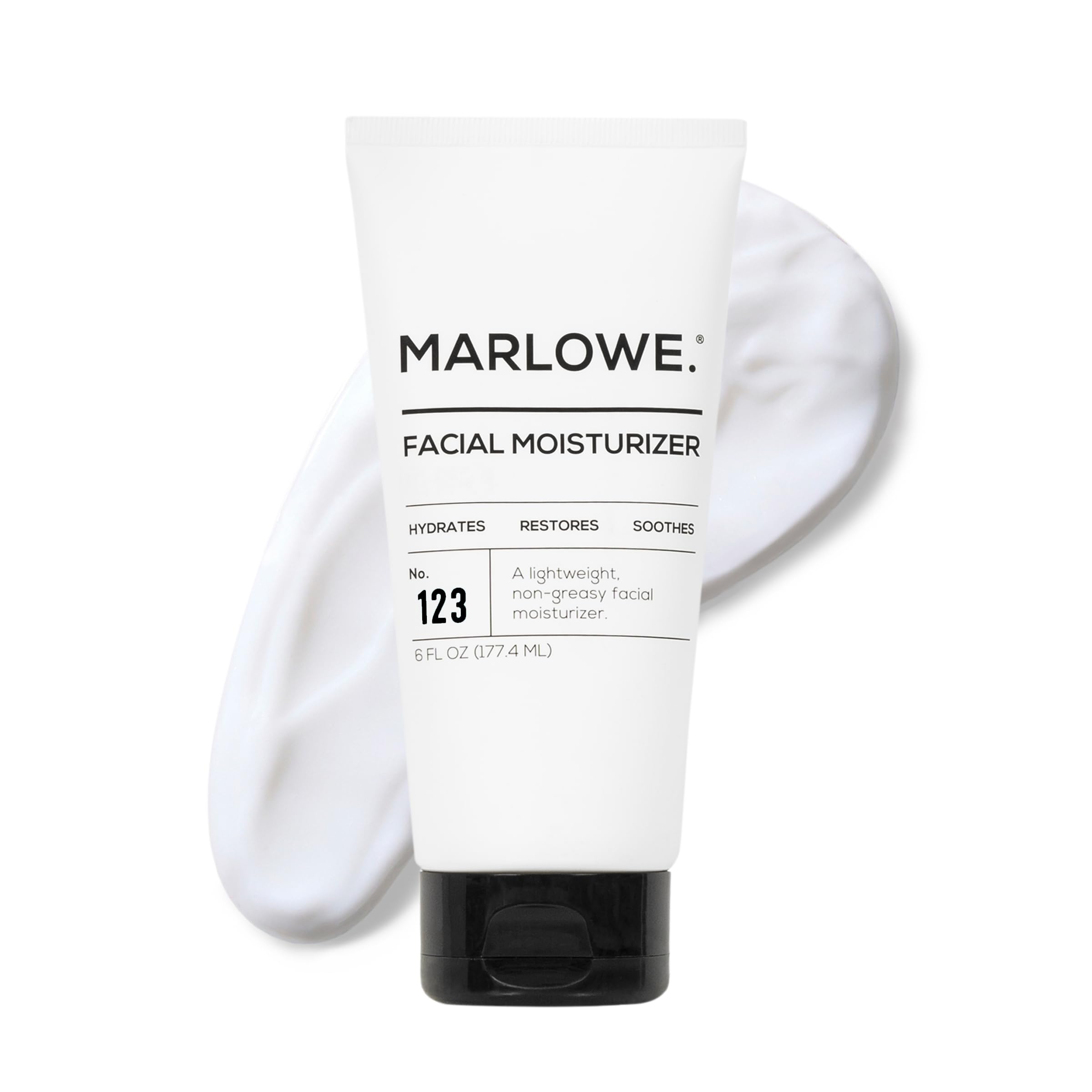MARLOWE. No.123 bottle closeup shows lightweight hydration for daily facial care