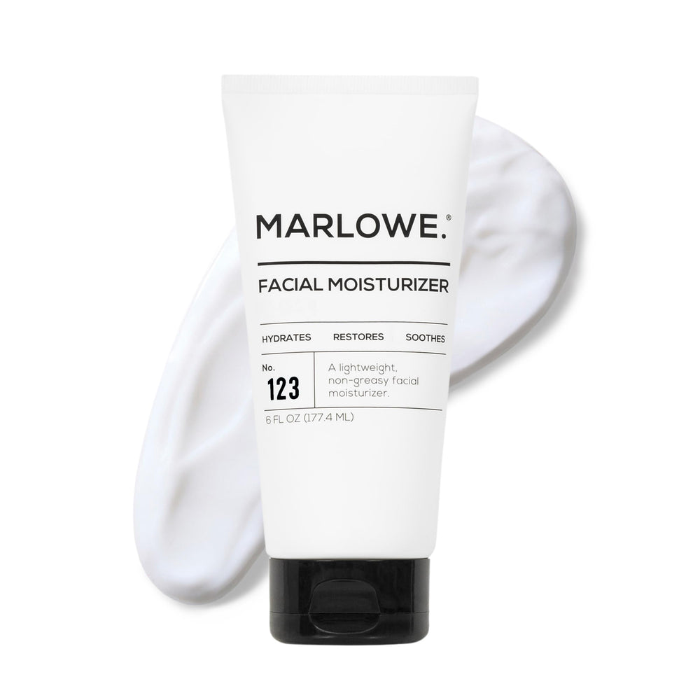 MARLOWE. No.123 bottle closeup shows lightweight hydration for daily facial care