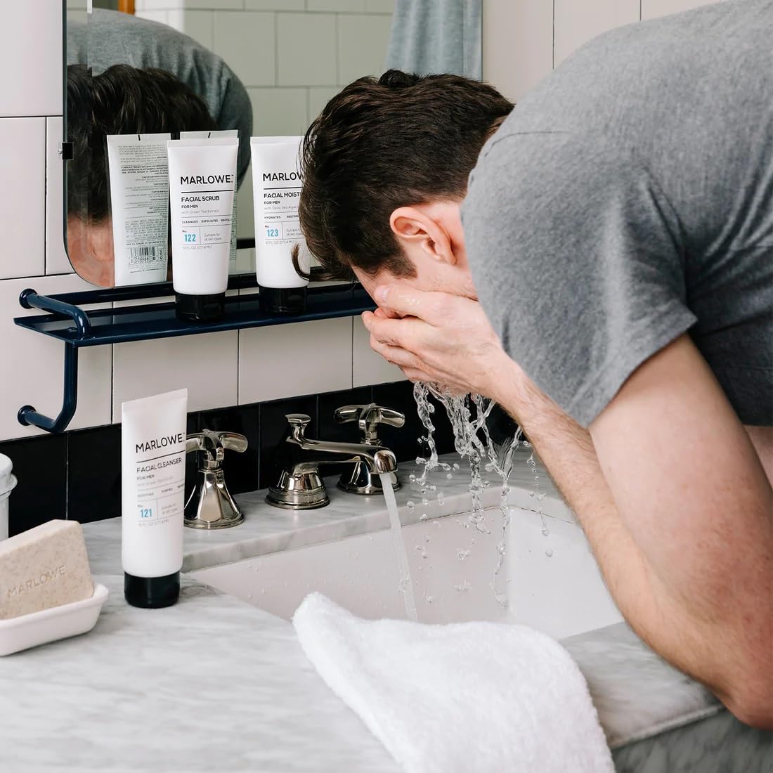 Marlowe No.123 facial moisturizer tube provides lightweight hydration without clogging pores.