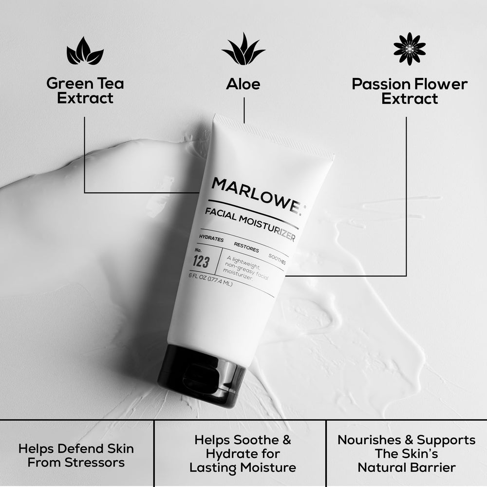 MARLOWE. No.123 ingredients graphic highlights Aloe Vera and Green Tea for hydration