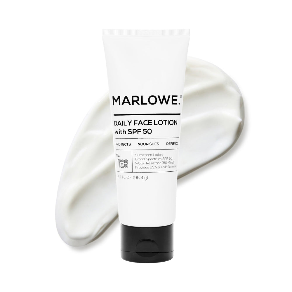 MARLOWE. No. 128 bottle front view showing SPF 50 protection for daily use