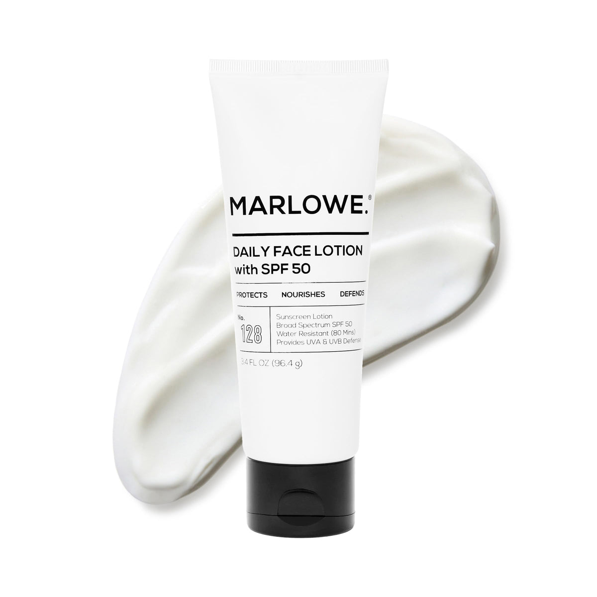 MARLOWE. No. 128 bottle front view showing SPF 50 protection for daily use