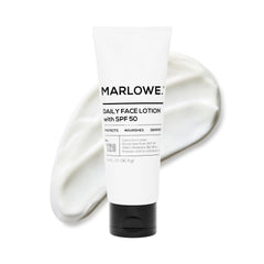 MARLOWE. No. 128 bottle front view showing SPF 50 protection for daily use