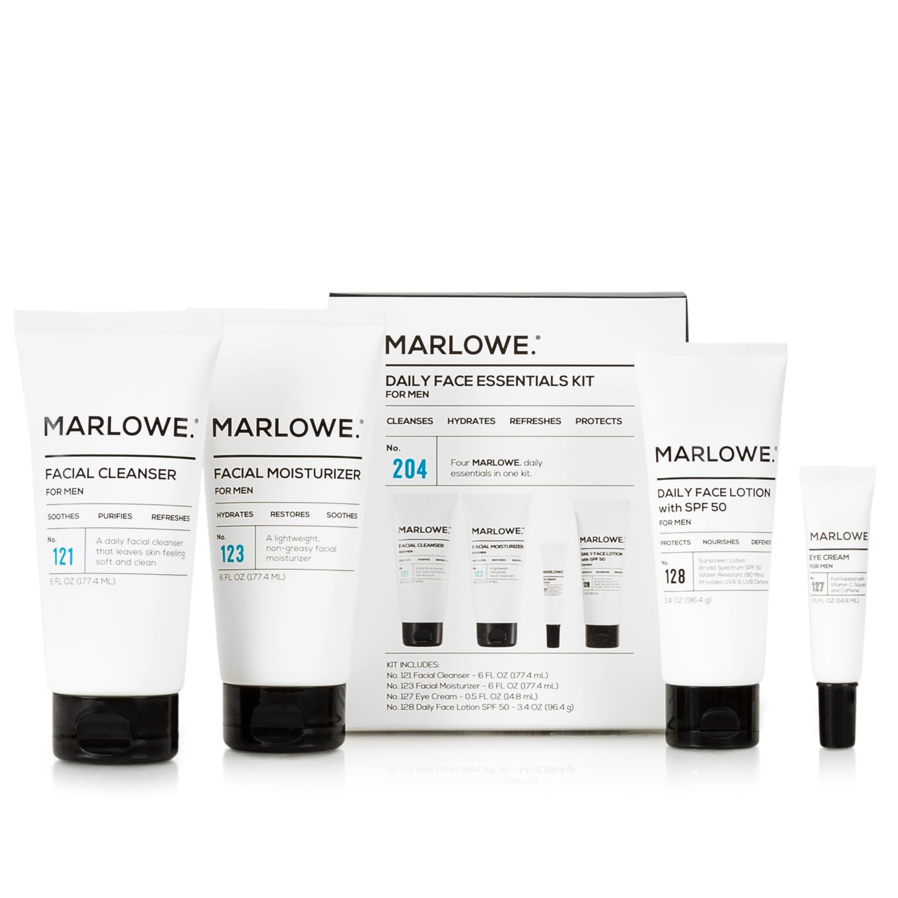 Marlowe No.204 daily face wash bottle cleanses skin and removes oil and impurities.