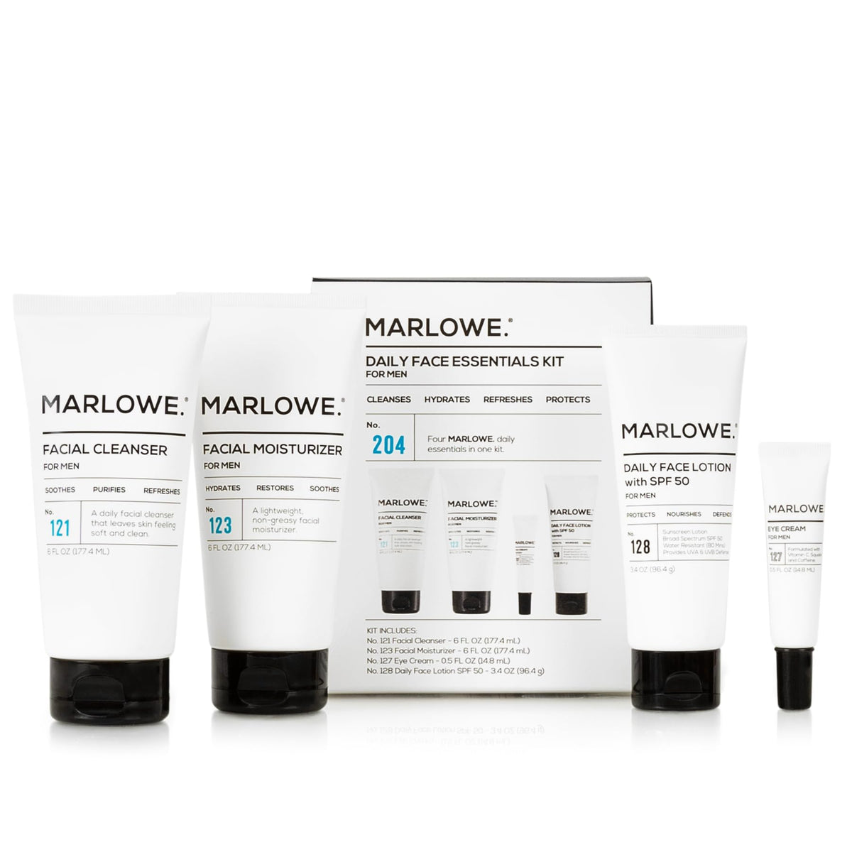 Marlowe No.204 daily face wash bottle cleanses skin and removes oil and impurities.