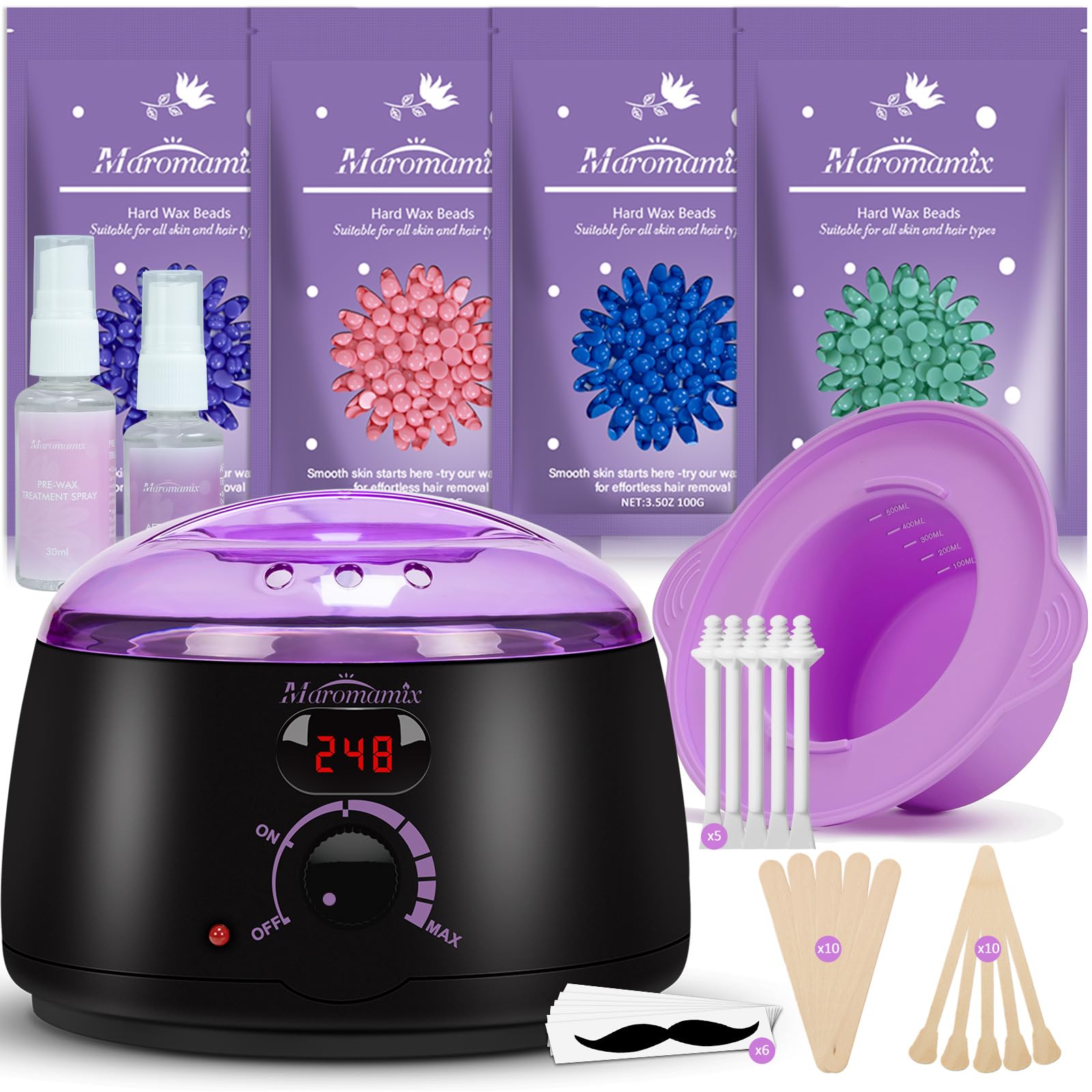 Maromamix waxing kit digital warmer display shows precise temperature for comfortable waxing
