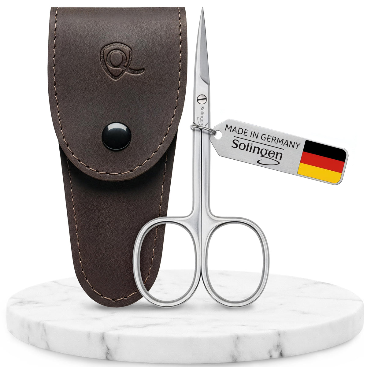marQus Solingen curved cuticle scissors in premium case for travel-ready grooming.