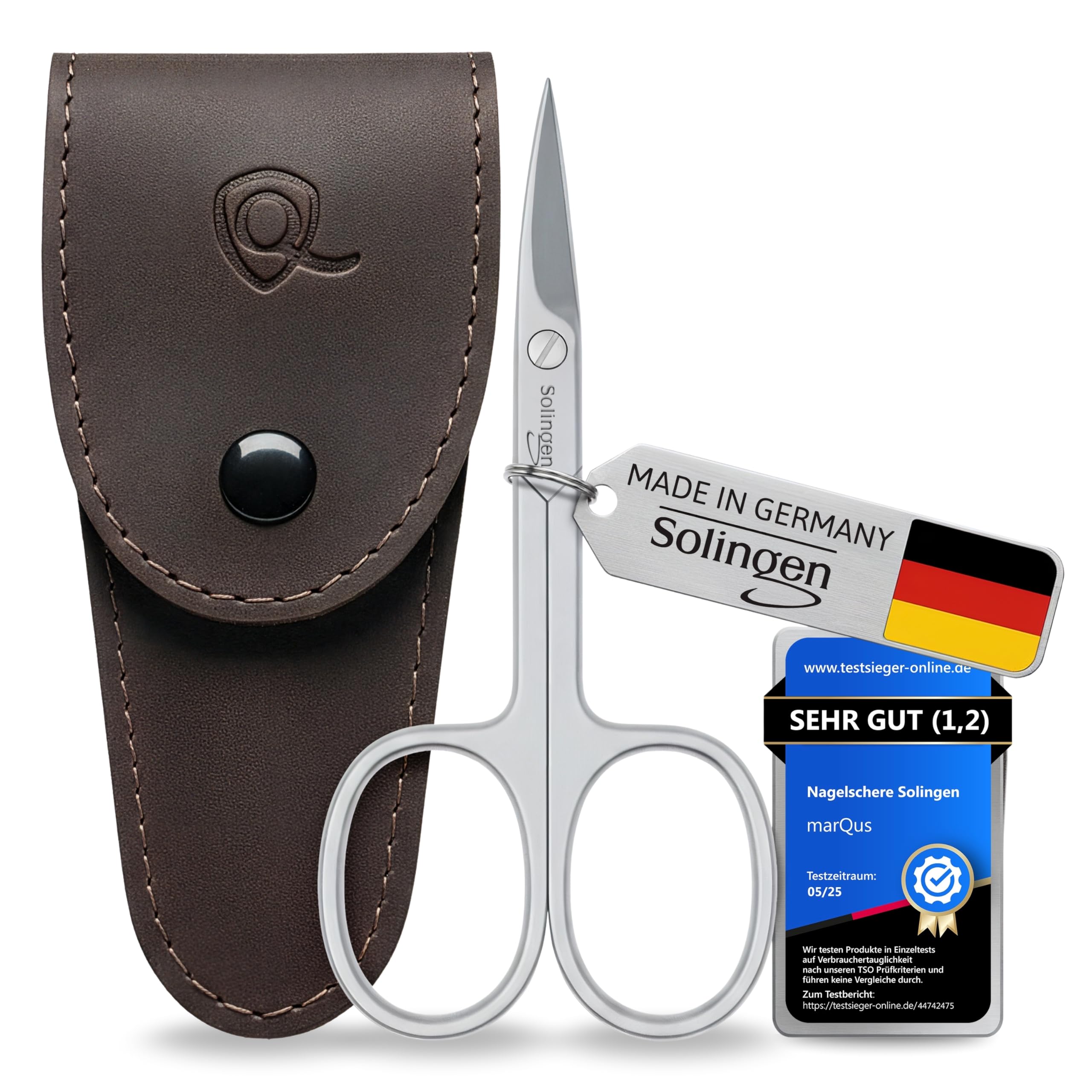 MarQus Solingen nail scissors curved blade closeup for precise cuts and durable steel.
