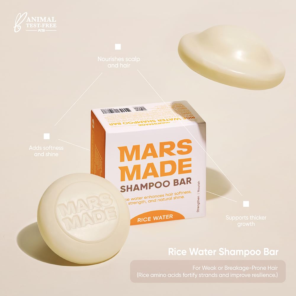 MARS MADE Rice Water Shampoo Bar 2.0 hair-gloss shot highlights sleek, shiny strands