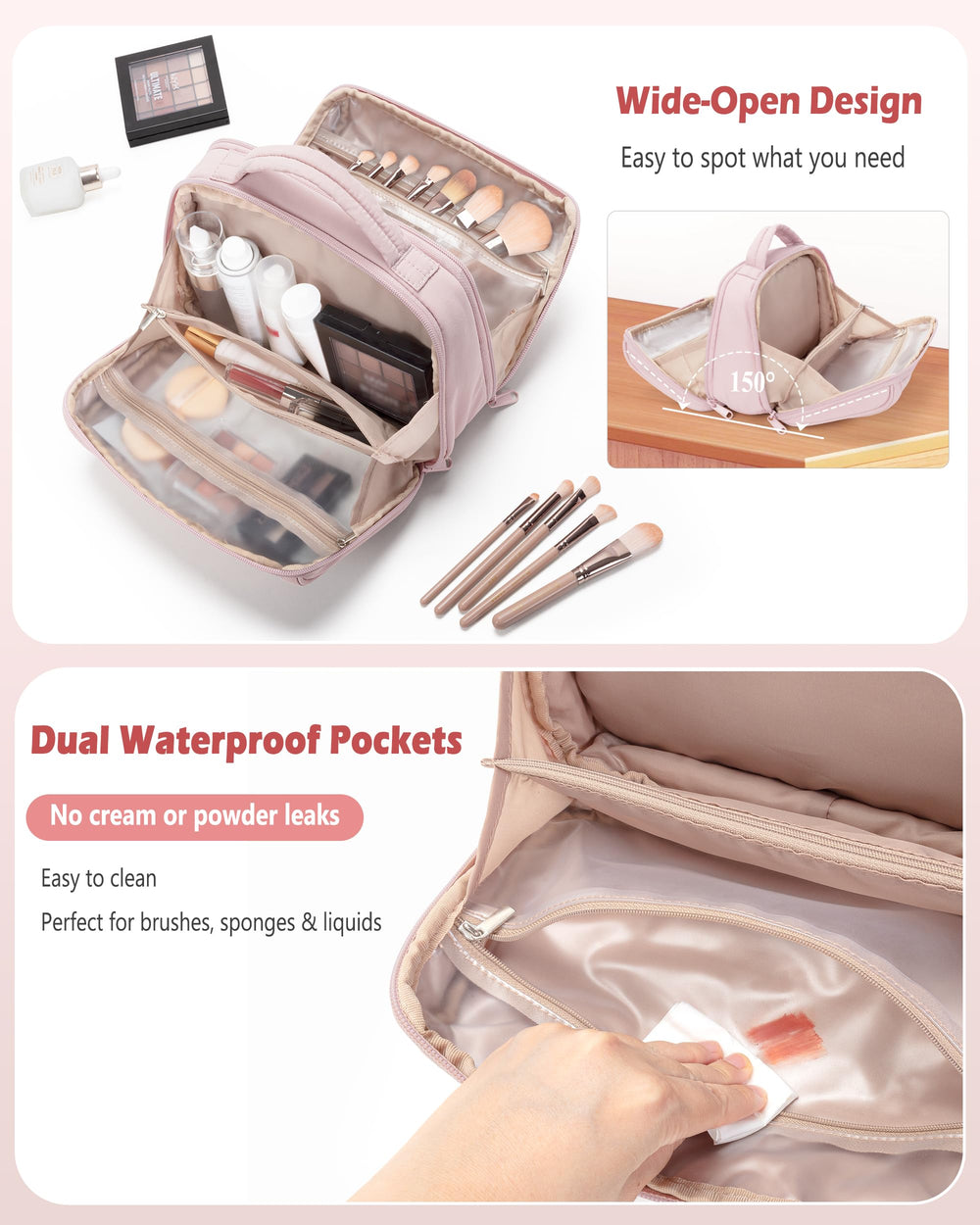 Marscamd cosmetics organizer with waterproof pockets protects brushes and liquids from leaks.