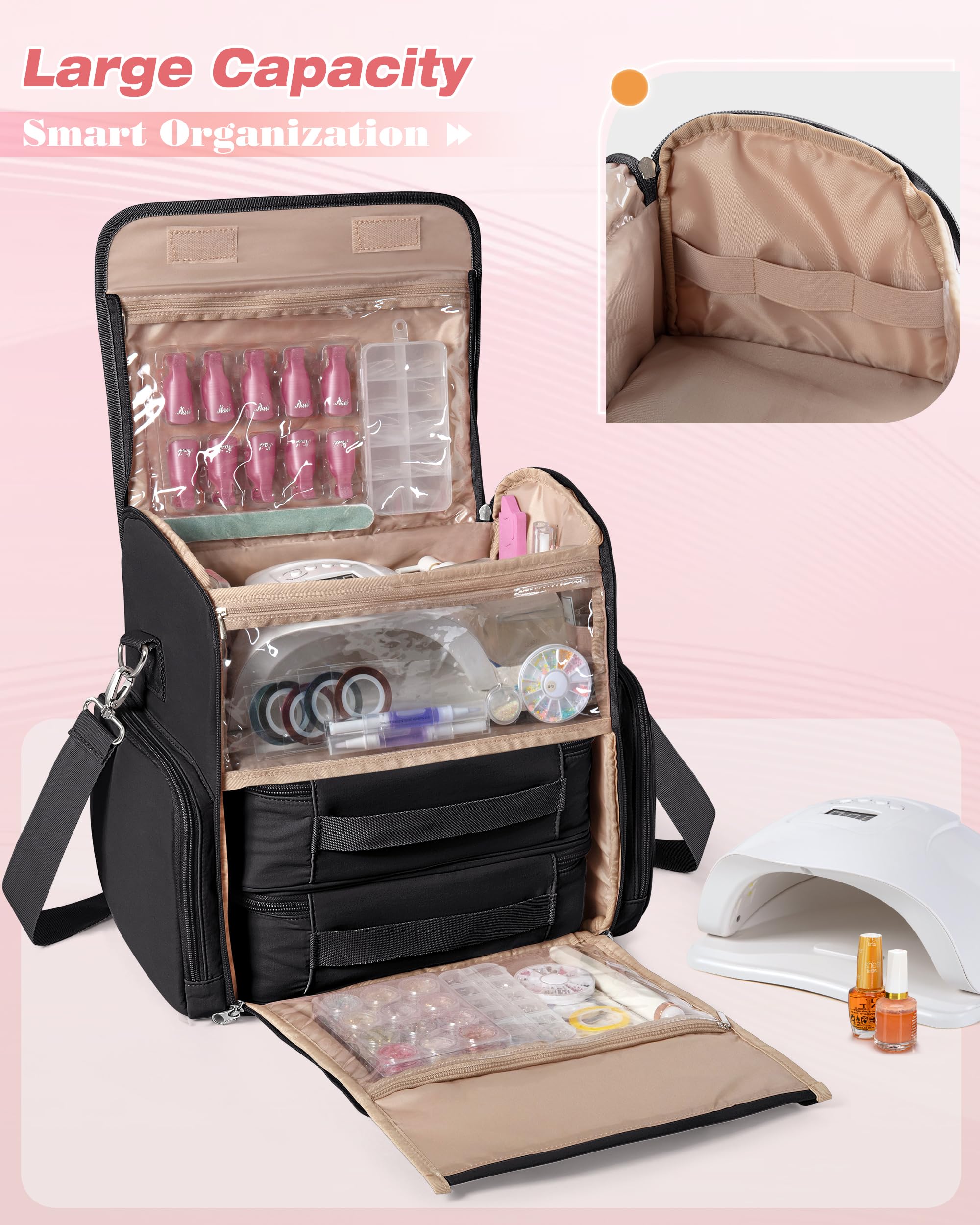Marscamd nail polish organizer bag bottom pocket stores decorations for easy access.
