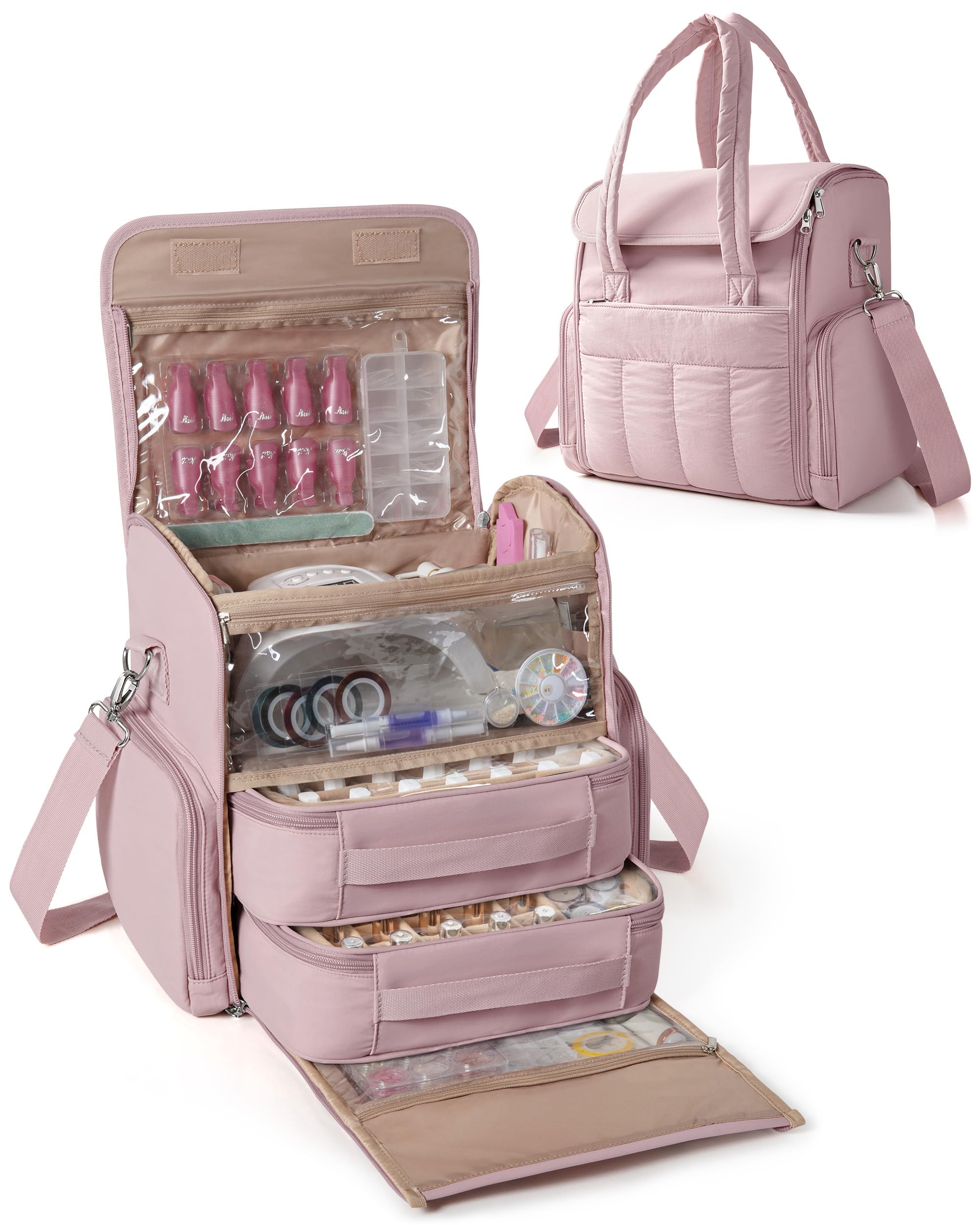 Marscamd Nail Polish Organizer Bag front view highlighting premium fabric and chic quilted style.