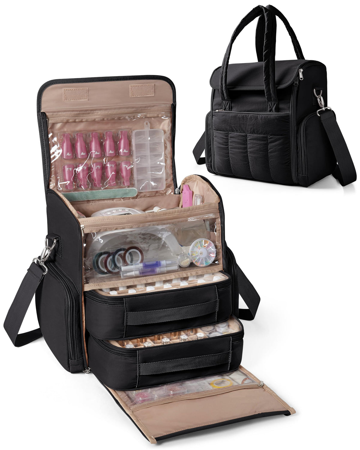 Marscamd nail polish organizer bag front view with premium fabric and quilted design.