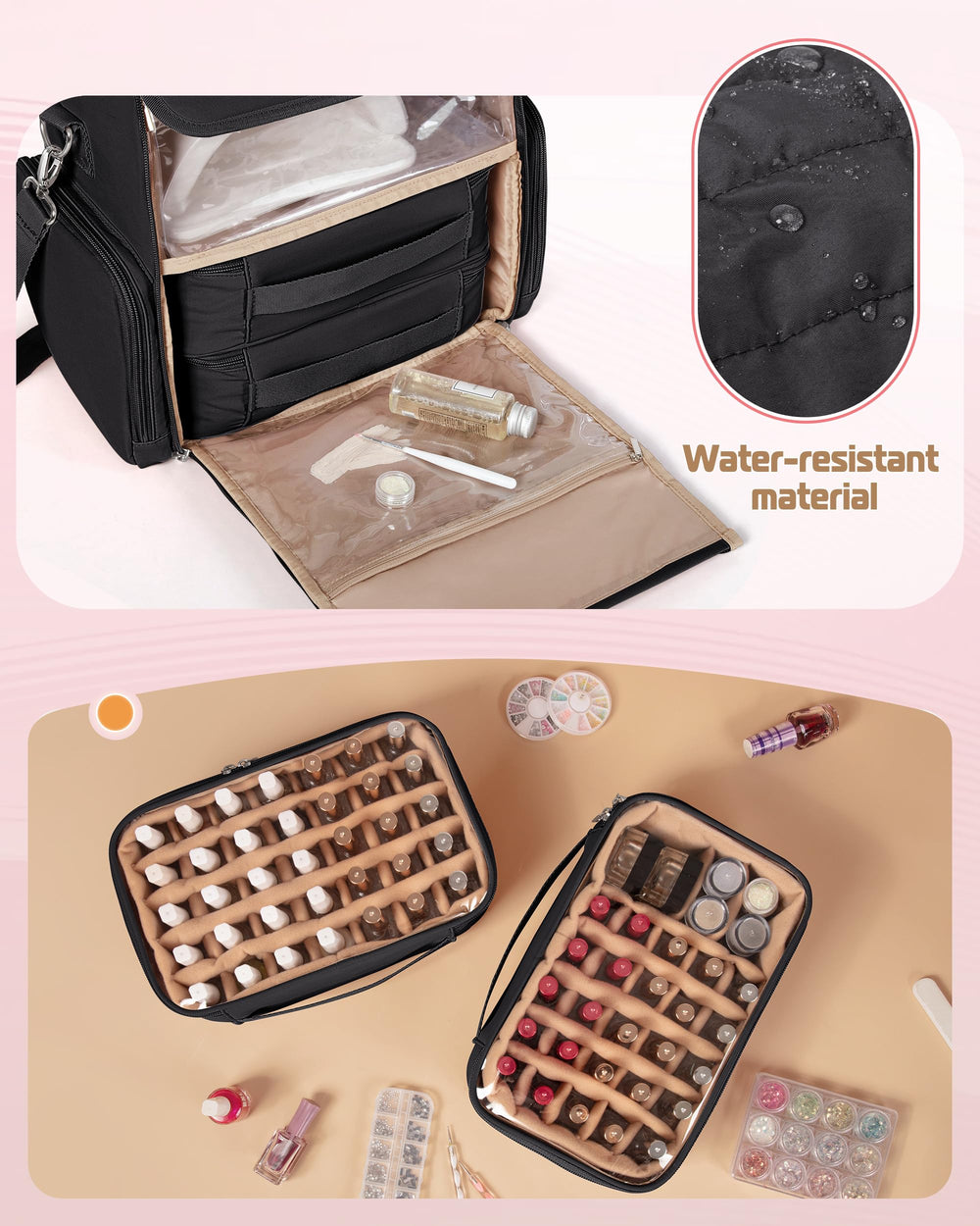 Marscamd nail polish organizer bag top compartment holds lamp and tools securely.
