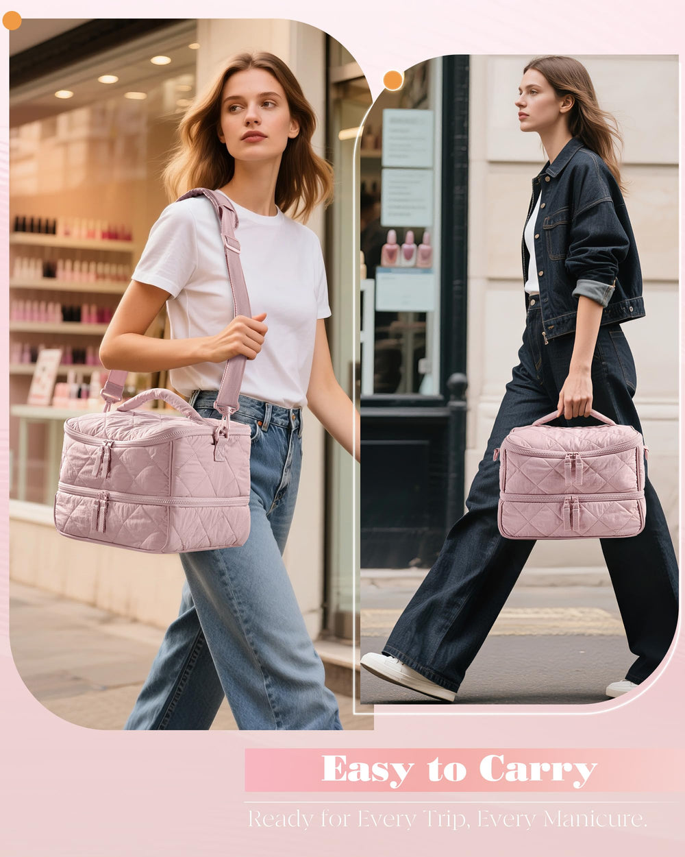 Marscamd Quilted Nail Polish Organizer bag pink finish adds stylish, practical storage at home or salon.