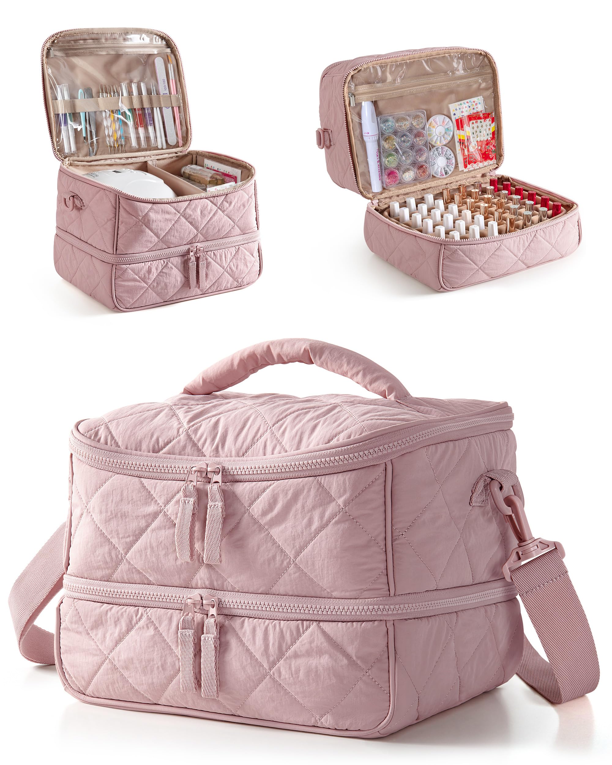 Marscamd Quilted Nail Polish Organizer bag closeup shows water-resistant Taslan fabric for everyday travel.