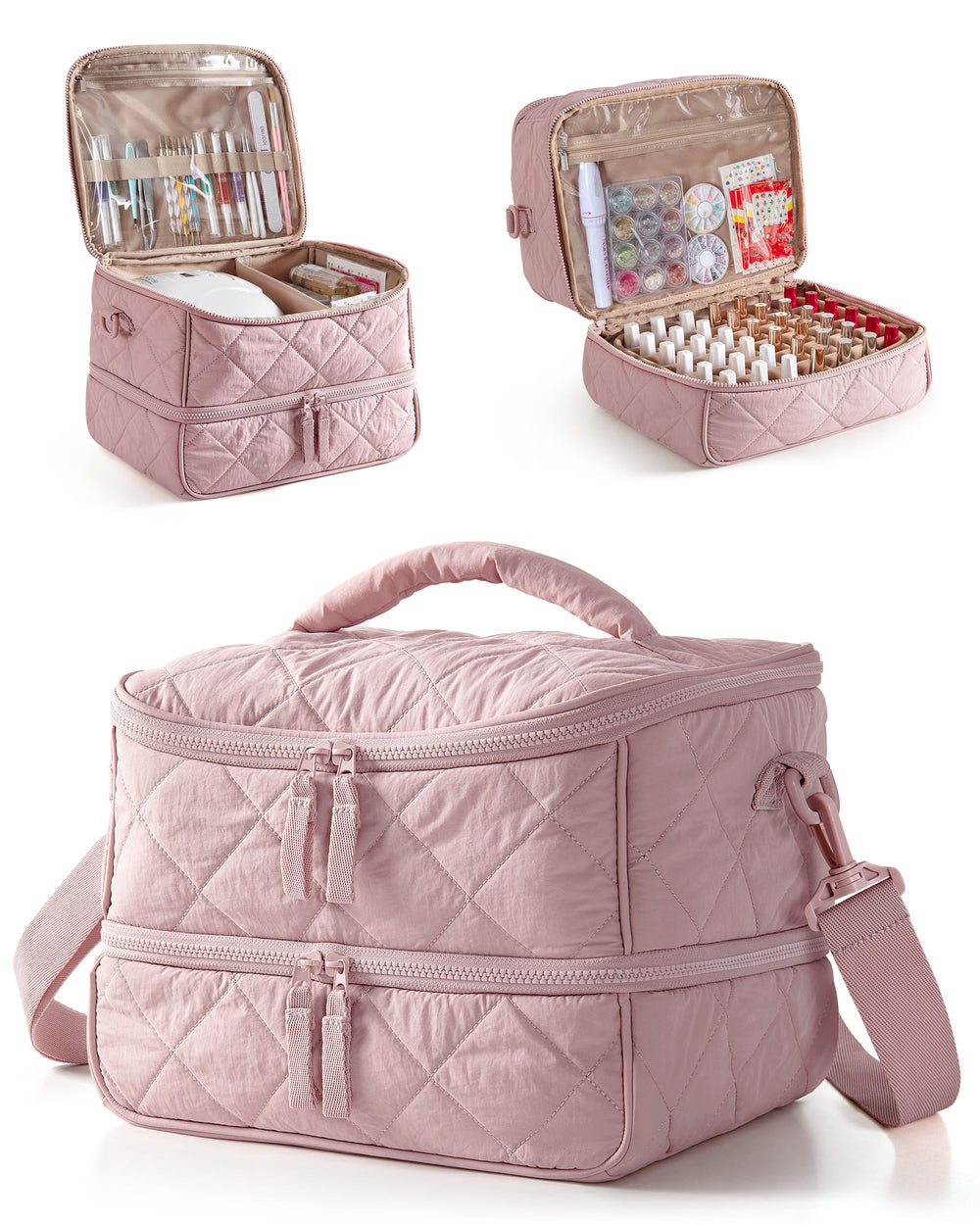 Marscamd Quilted Nail Polish Organizer bag closeup shows water-resistant Taslan fabric for everyday travel.