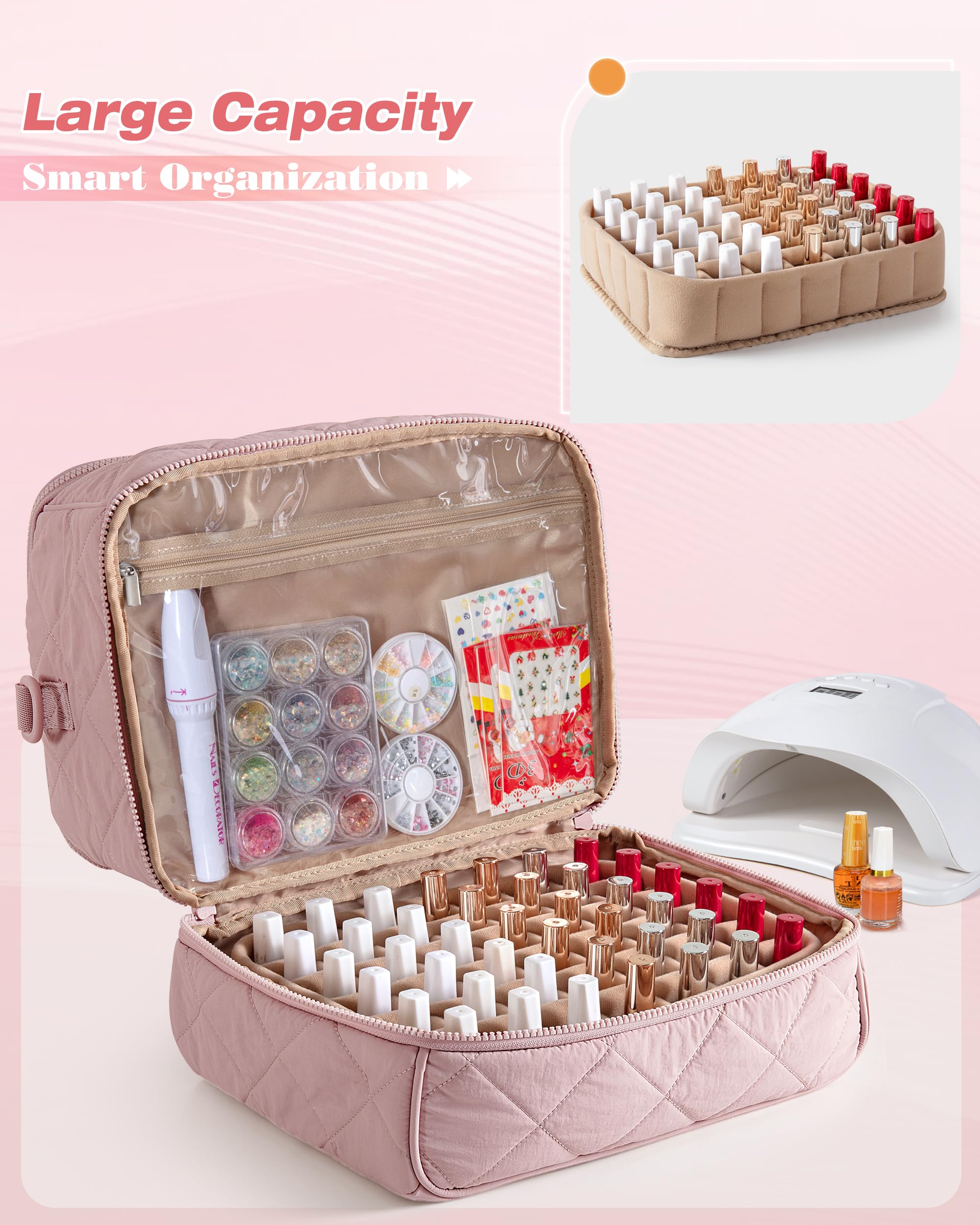 Marscamd Quilted Nail Polish Organizer bag top-compartment shows nail lamp and tools securely stored.