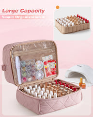 Marscamd Quilted Nail Polish Organizer bag top-compartment shows nail lamp and tools securely stored.