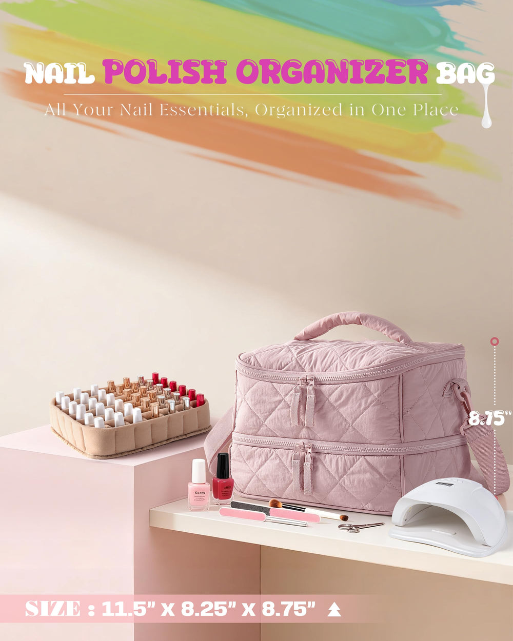 Marscamd Quilted Nail Polish Organizer bag travel-ready design features straps and luggage compatibility.