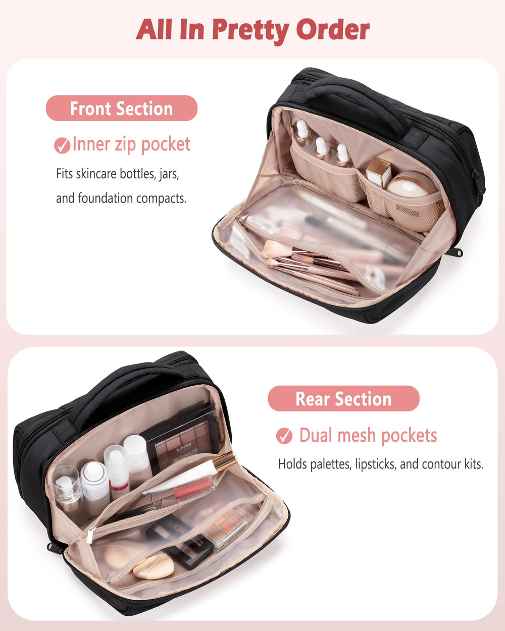 Marscamd travel makeup bag waterproof pockets protect liquids during travel.