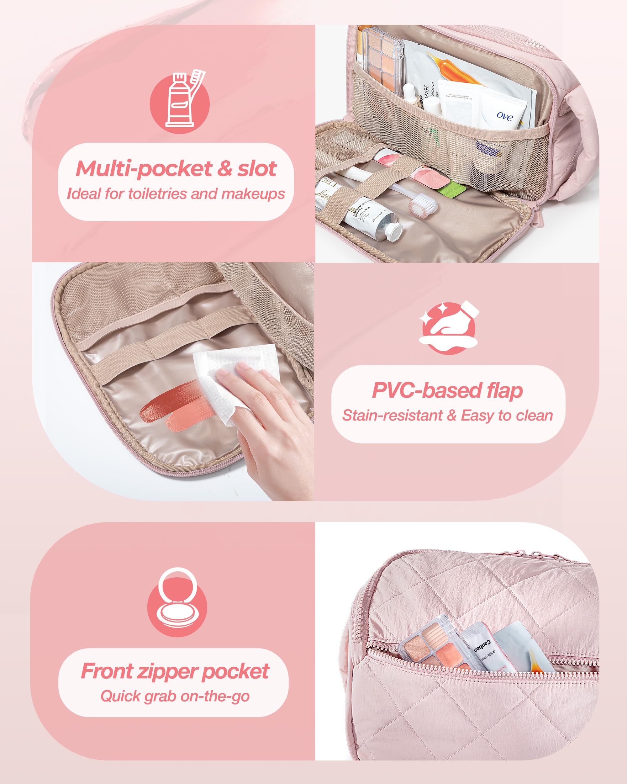 Marscamd travel toiletry bag front compartments displaying elastic bands and pockets