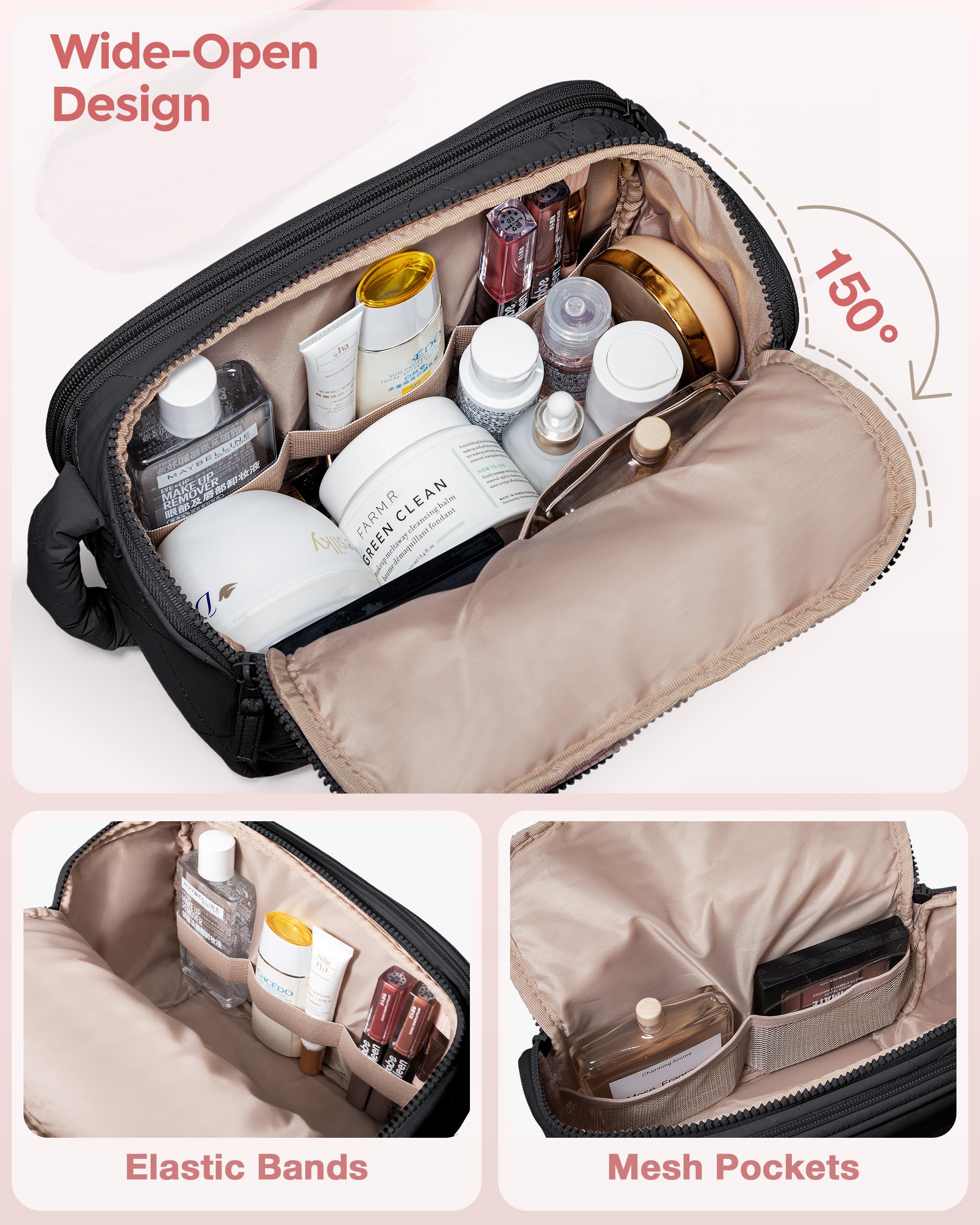 Marscamd bag front view shows organized compartments for toiletries and cosmetics.