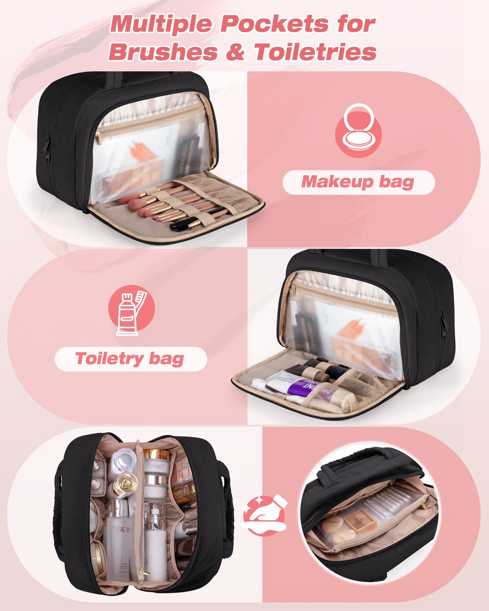 Marscamd Travel Toiletry Bag compartments keep skincare, makeup, and toiletries neatly separated.