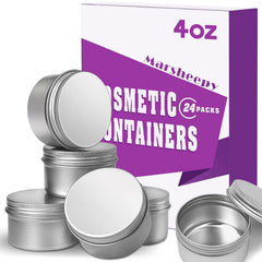 Marsheepy 24-pack aluminum balm tins closeup shows durable, reusable containers for DIY projects.