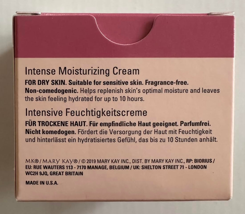 Mary Kay Intense Moisturizing Cream ingredient highlight shows marine extract, vitamin E, minerals.